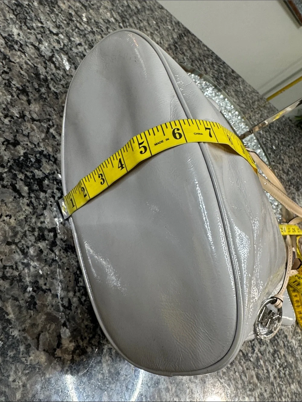Michael Kors Light Gray Patent Tote with Beige Straps
